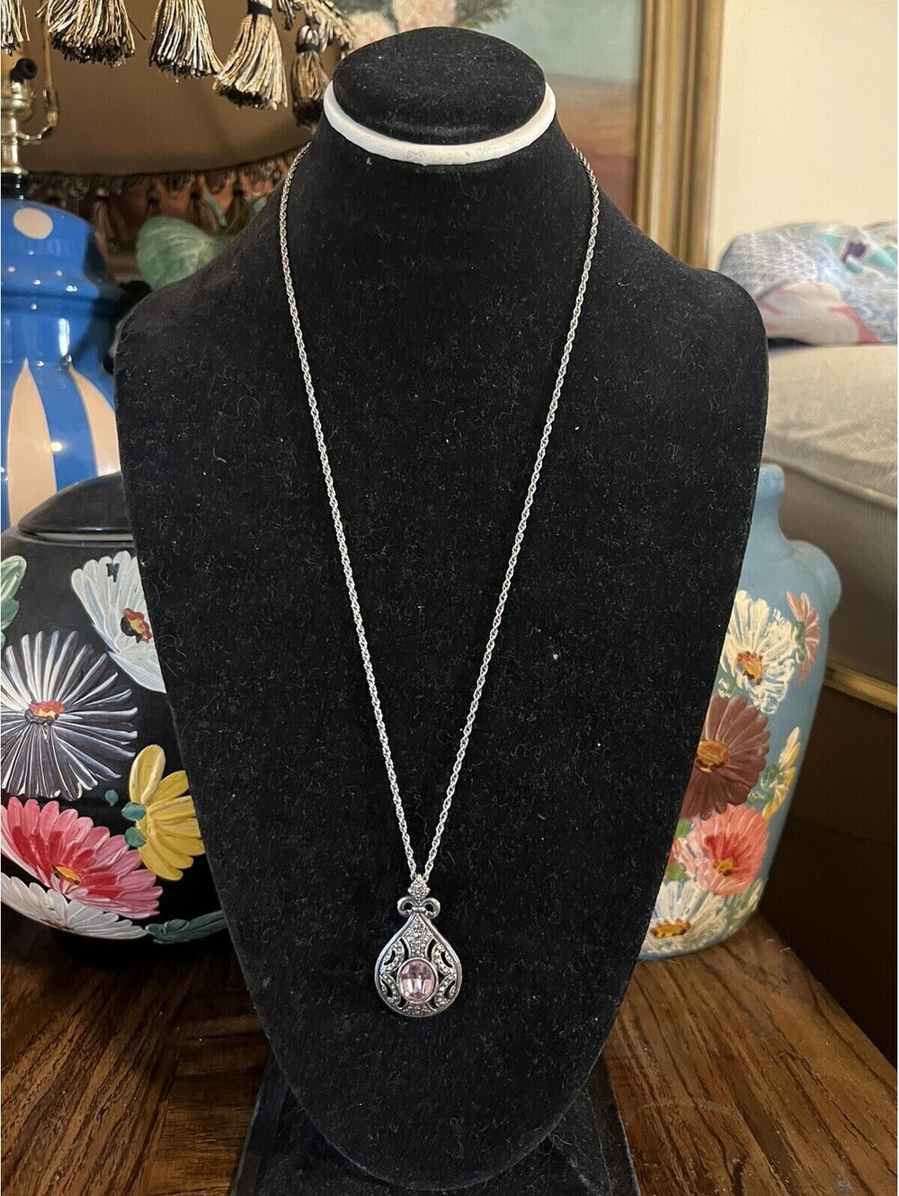 Deco Style Pendant Necklace with Pink Stone Vintage Avon
